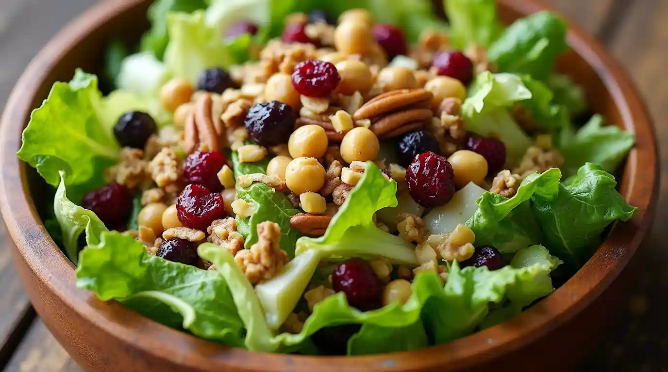 Fresh lettuce cranberry nuts chickpea salad with chickpeas, dried cranberries, almonds, walnuts, and a balsamic dressing.