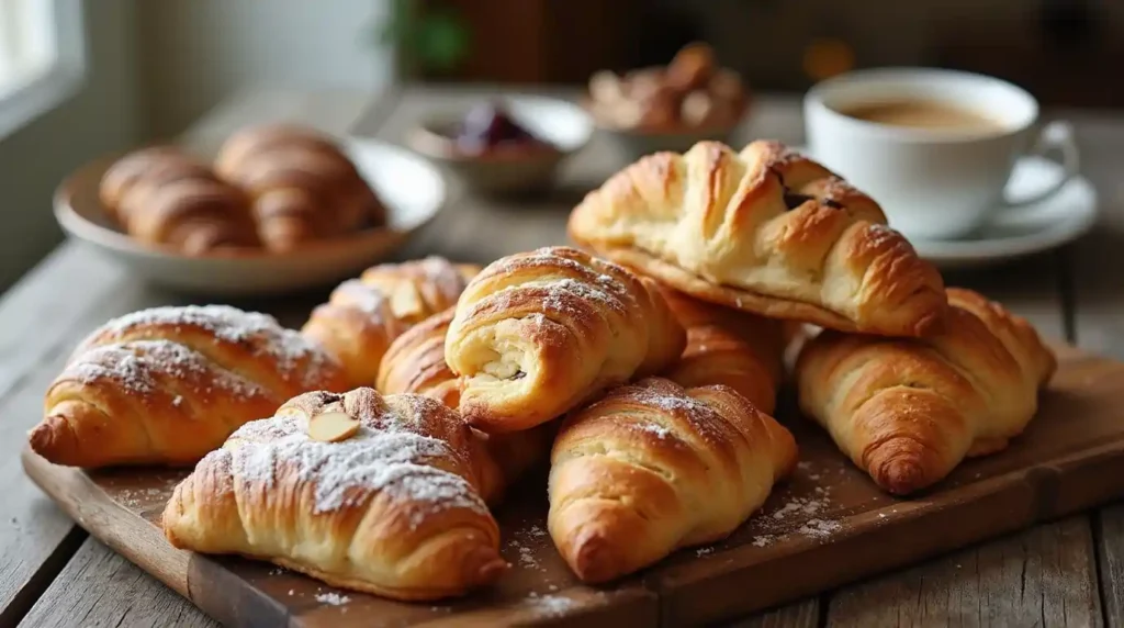 Freshly baked Swiss Gipfeli pastries on a wooden table, with golden layers, filled with chocolate, almond paste, and topped with sliced almonds