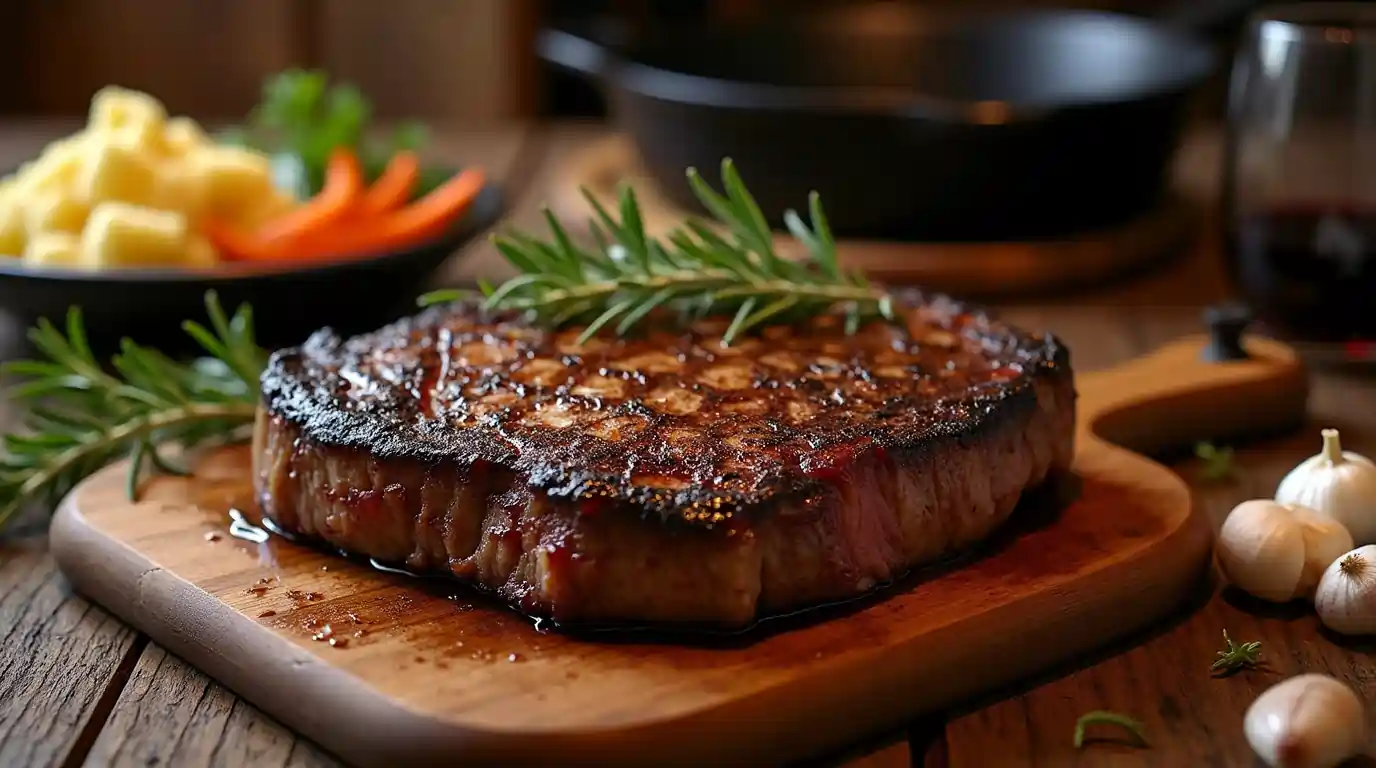 Perfectly cooked cowboy ribeye steak with a golden-brown crust, bone-in, served with mashed potatoes and roasted vegetables.