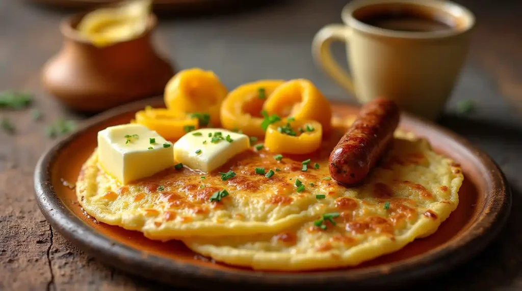 Traditional Colombian breakfast featuring arepas, scrambled eggs (Huevos Pericos), fried plantains (patacones), chorizo, and Colombian coffee