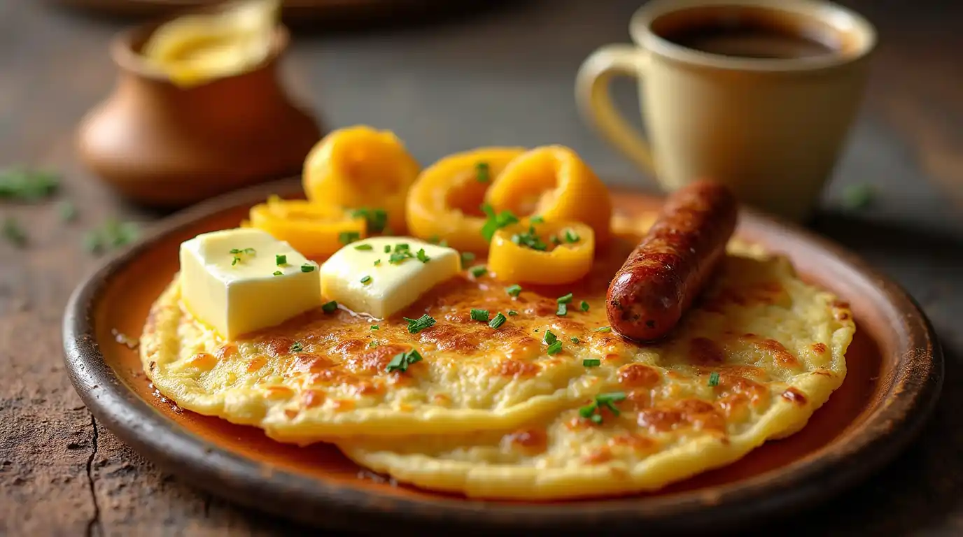 Traditional Colombian breakfast featuring arepas, scrambled eggs (Huevos Pericos), fried plantains (patacones), chorizo, and Colombian coffee