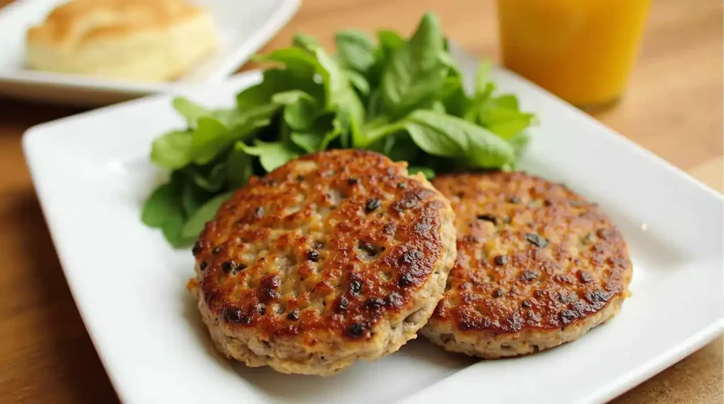 Homemade sausage patties seasoned with Jimmy Dean breakfast sausage seasoning, served with eggs and pancakes
