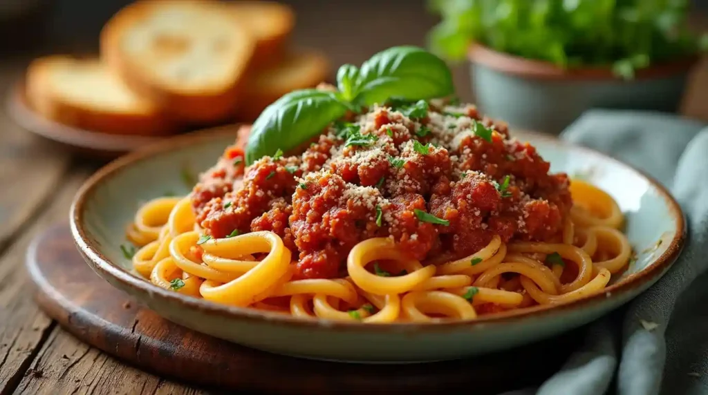 Delicious ground beef pasta dish with rich tomato sauce, topped with fresh herbs and parmesan cheese