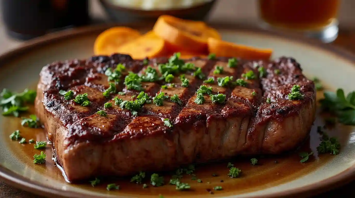 A juicy cowboy steak with a crispy crust, garnished with fresh herbs and served on a rustic wooden board.