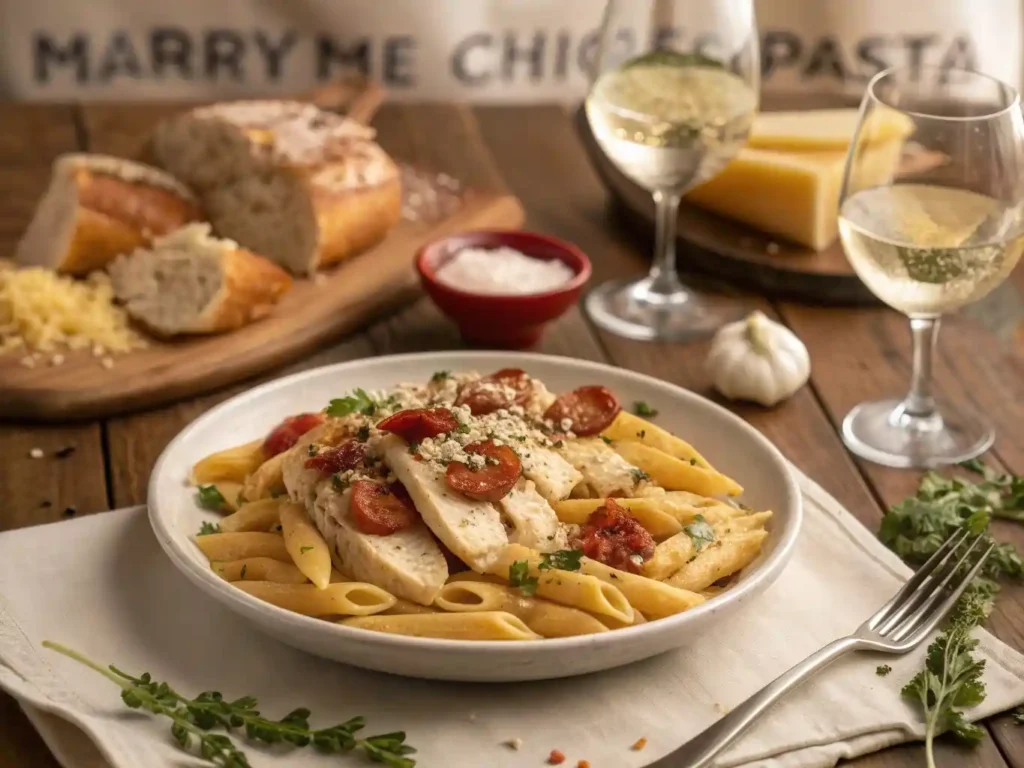 Creamy Marry Me Chicken Pasta topped with sun-dried tomatoes and fresh herbs in a white bowl